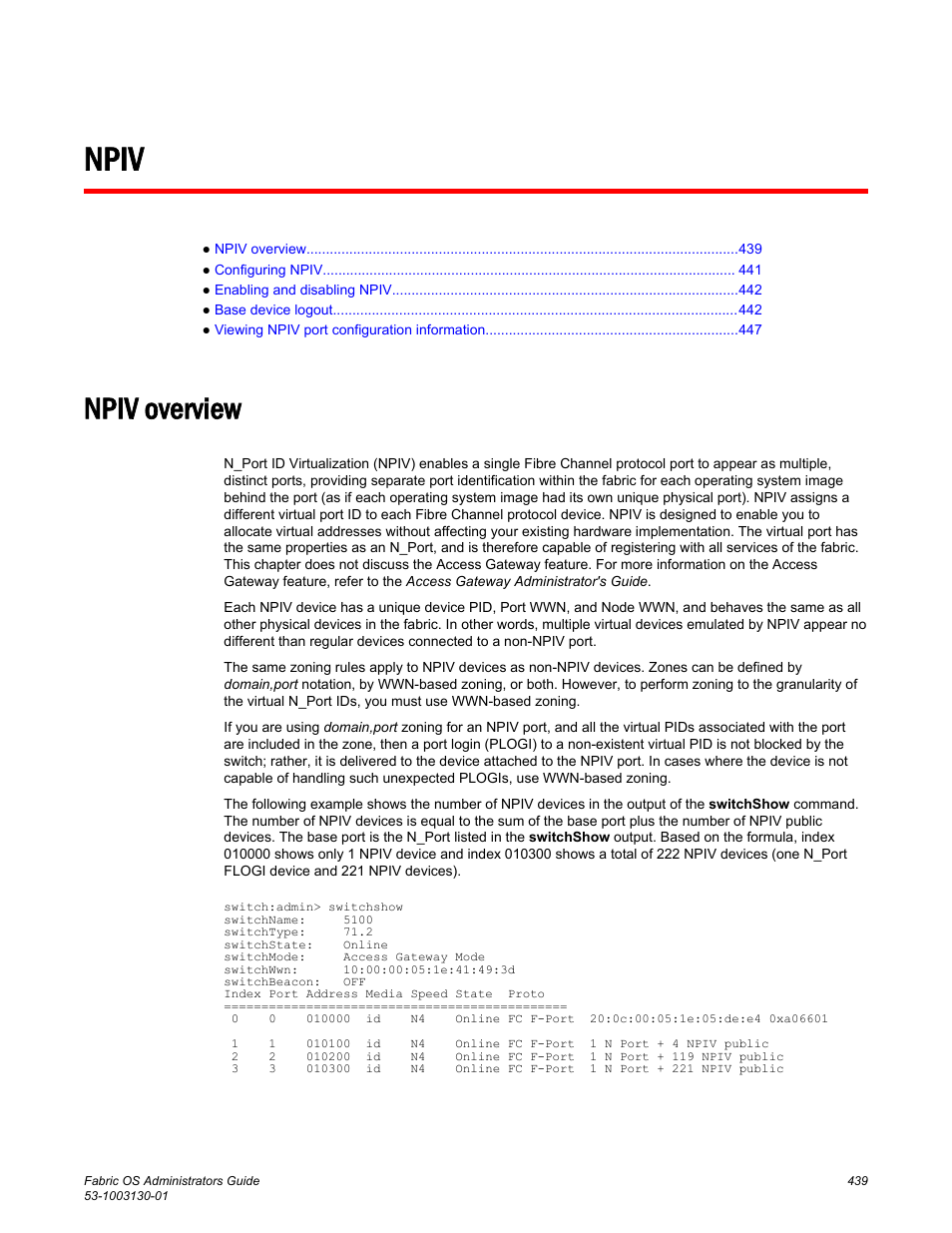 Npiv, Npiv overview | Brocade Fabric OS Administrators Guide (Supporting Fabric OS v7.3.0) User Manual | Page 439 / 622