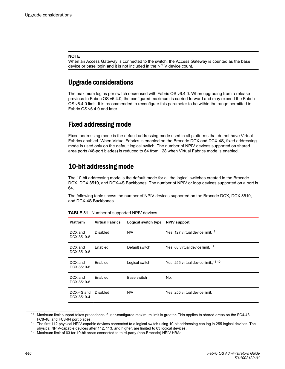 Upgrade considerations, Fixed addressing mode, Bit addressing mode | Brocade Fabric OS Administrators Guide (Supporting Fabric OS v7.3.0) User Manual | Page 440 / 622