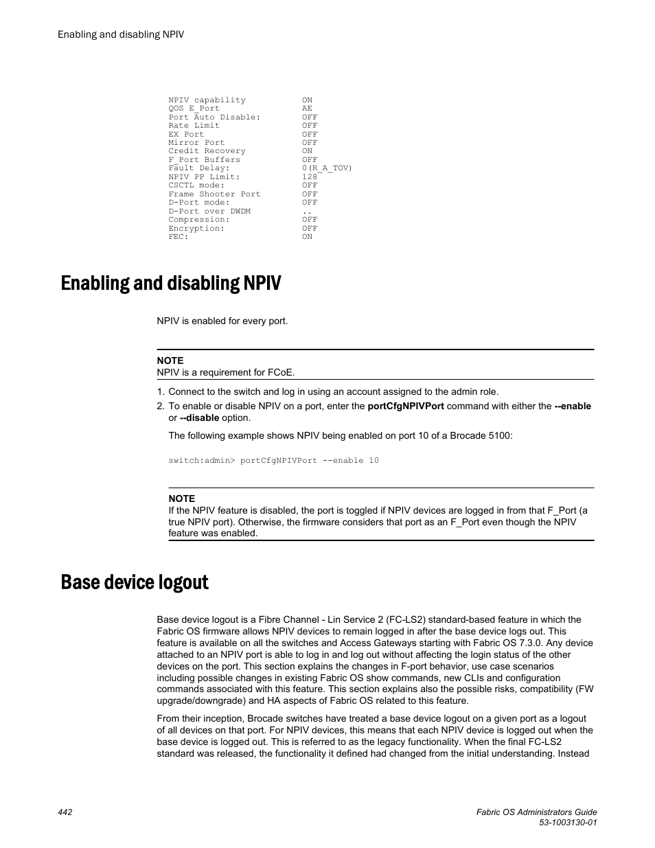 Enabling and disabling npiv, Base device logout, Enabling and disabling npiv base device logout | Brocade Fabric OS Administrators Guide (Supporting Fabric OS v7.3.0) User Manual | Page 442 / 622