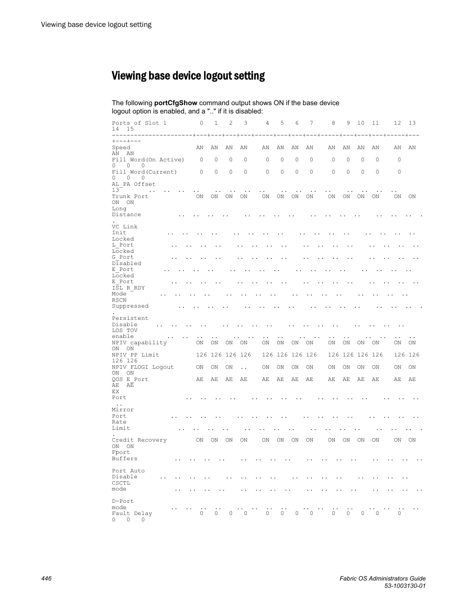 Viewing base device logout setting | Brocade Fabric OS Administrators Guide (Supporting Fabric OS v7.3.0) User Manual | Page 446 / 622