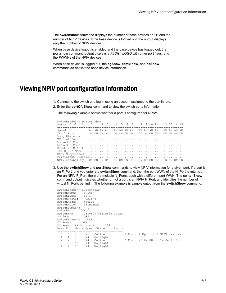 Viewing npiv port configuration information | Brocade Fabric OS Administrators Guide (Supporting Fabric OS v7.3.0) User Manual | Page 447 / 622