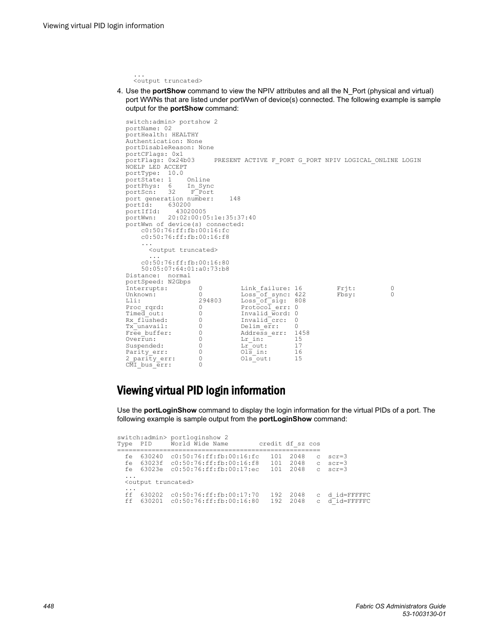 Viewing virtual pid login information | Brocade Fabric OS Administrators Guide (Supporting Fabric OS v7.3.0) User Manual | Page 448 / 622