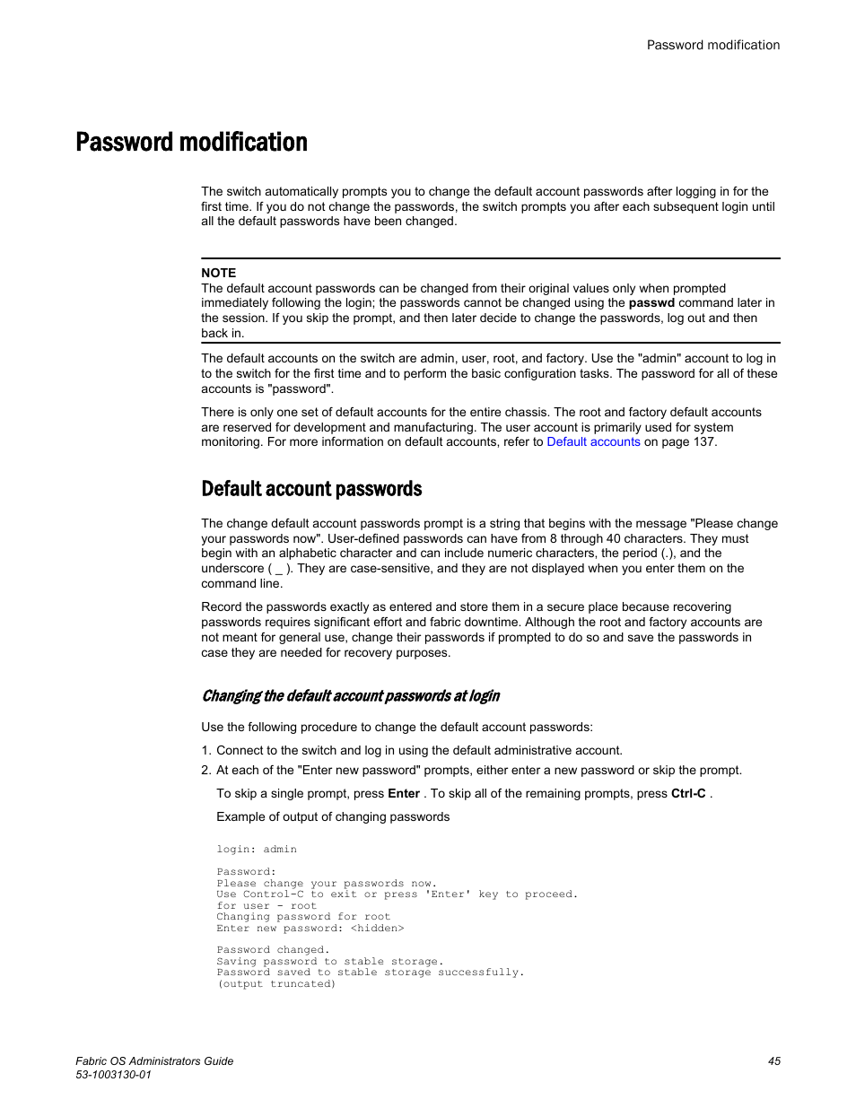 Password modification, Default account passwords, Changing the default account passwords at login | Brocade Fabric OS Administrators Guide (Supporting Fabric OS v7.3.0) User Manual | Page 45 / 622