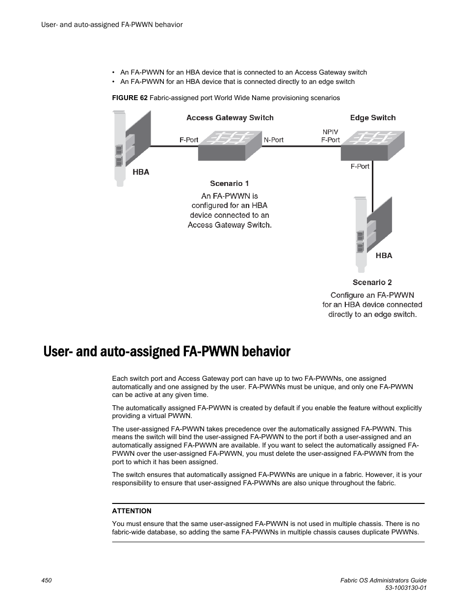 User- and auto-assigned fa-pwwn behavior | Brocade Fabric OS Administrators Guide (Supporting Fabric OS v7.3.0) User Manual | Page 450 / 622