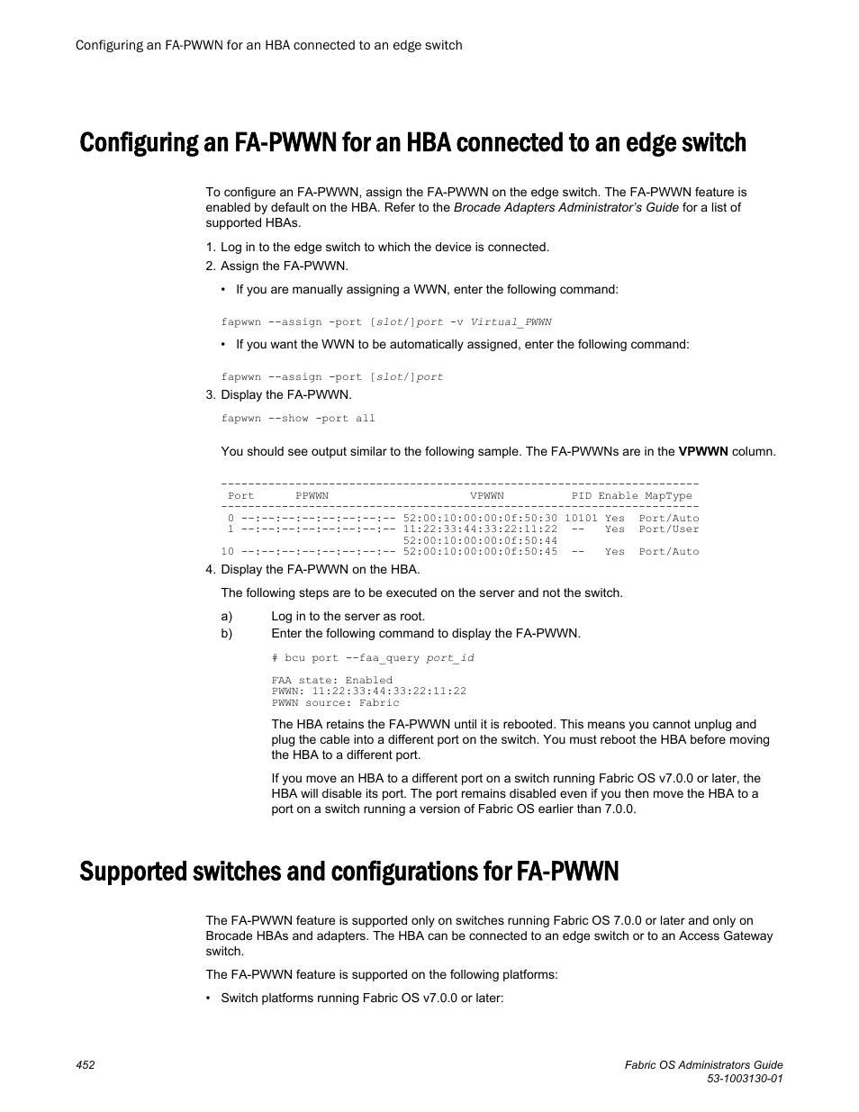 Supported switches and configurations for fa-pwwn | Brocade Fabric OS Administrators Guide (Supporting Fabric OS v7.3.0) User Manual | Page 452 / 622