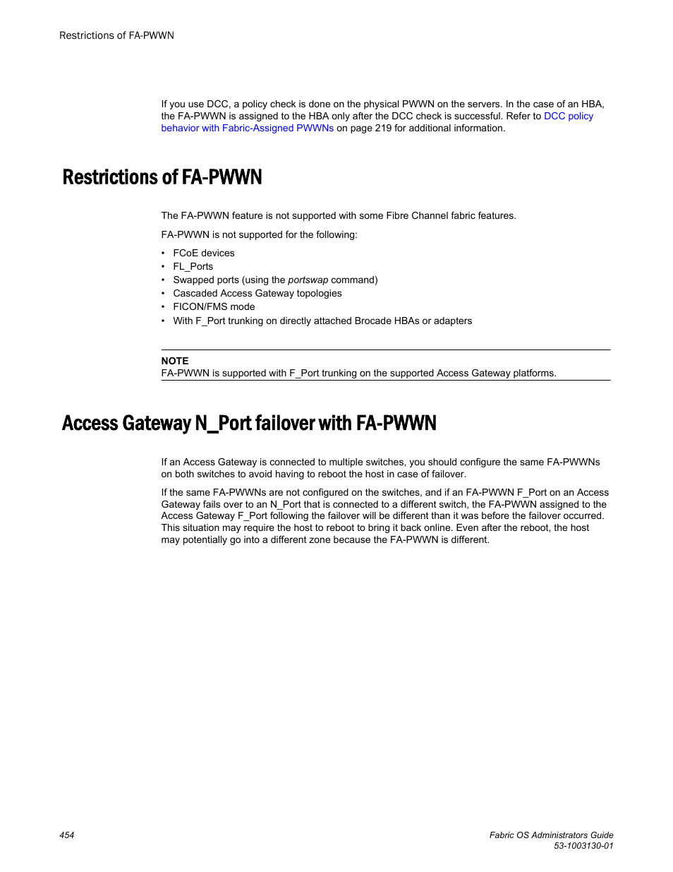 Restrictions of fa-pwwn, Access gateway n_port failover with fa-pwwn | Brocade Fabric OS Administrators Guide (Supporting Fabric OS v7.3.0) User Manual | Page 454 / 622
