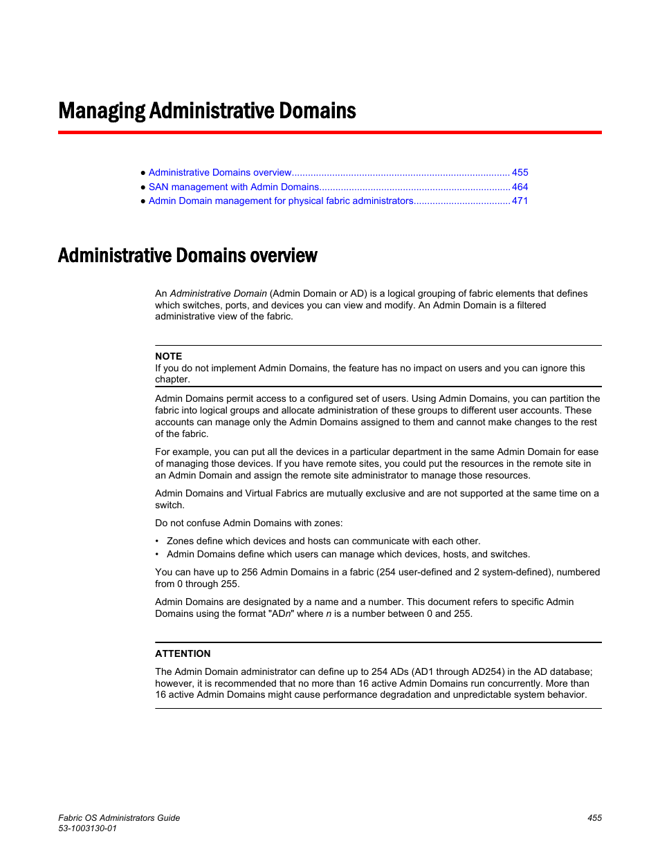 Managing administrative domains, Administrative domains overview | Brocade Fabric OS Administrators Guide (Supporting Fabric OS v7.3.0) User Manual | Page 455 / 622