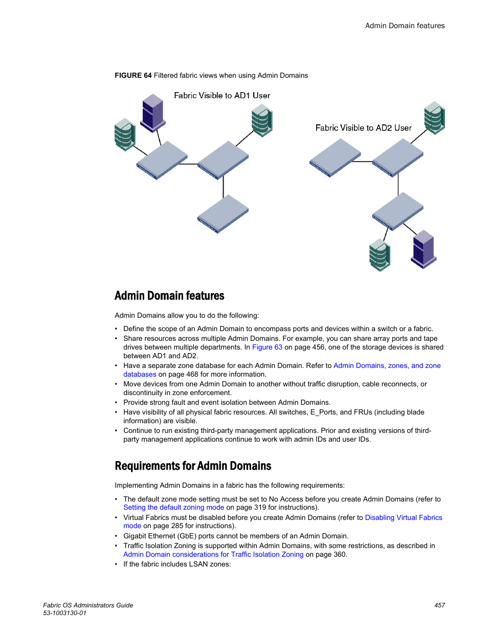 Admin domain features, Requirements for admin domains | Brocade Fabric OS Administrators Guide (Supporting Fabric OS v7.3.0) User Manual | Page 457 / 622