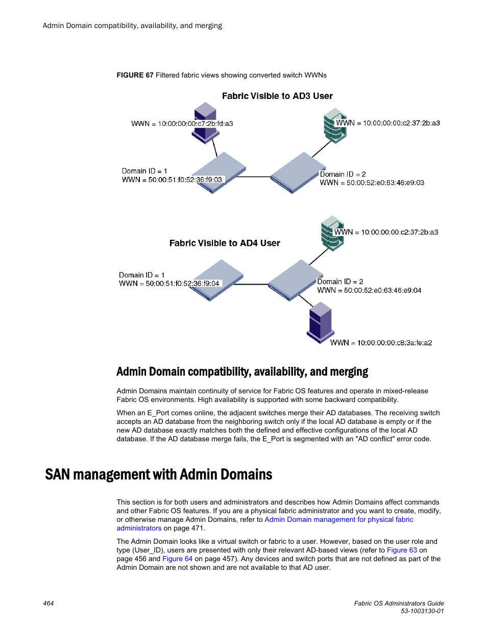 San management with admin domains | Brocade Fabric OS Administrators Guide (Supporting Fabric OS v7.3.0) User Manual | Page 464 / 622