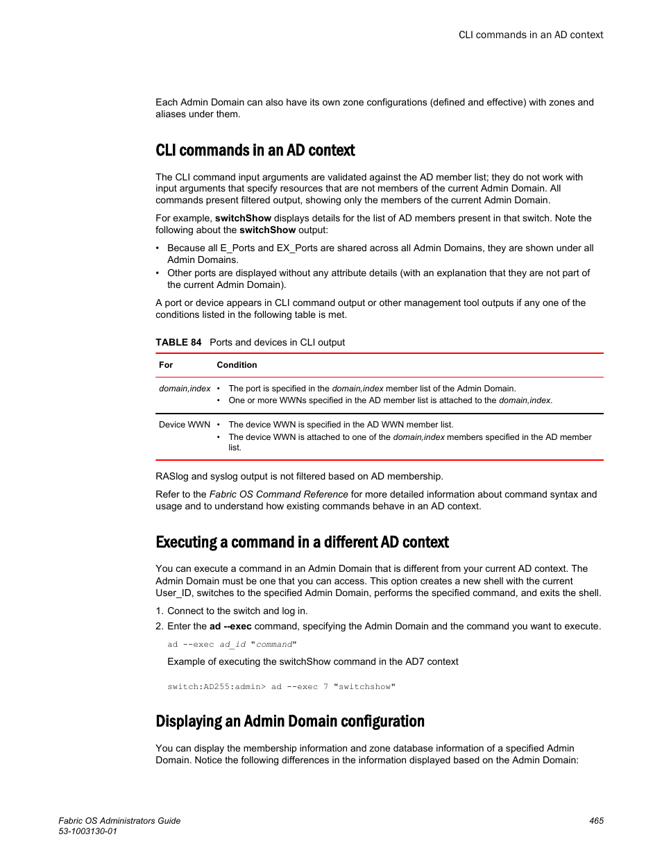 Cli commands in an ad context, Executing a command in a different ad context, Displaying an admin domain configuration | Brocade Fabric OS Administrators Guide (Supporting Fabric OS v7.3.0) User Manual | Page 465 / 622