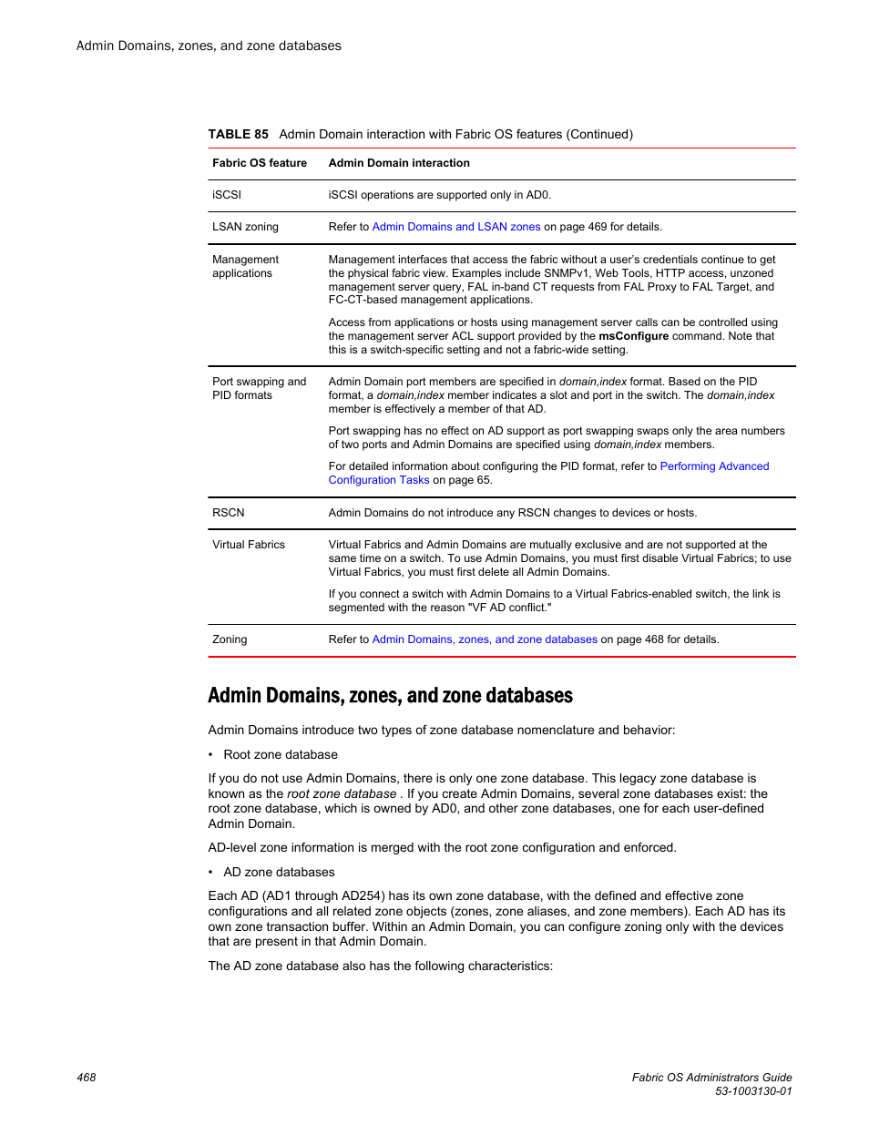 Admin domains, zones, and zone databases, Admin domains, zones, and zone, Databases | Brocade Fabric OS Administrators Guide (Supporting Fabric OS v7.3.0) User Manual | Page 468 / 622