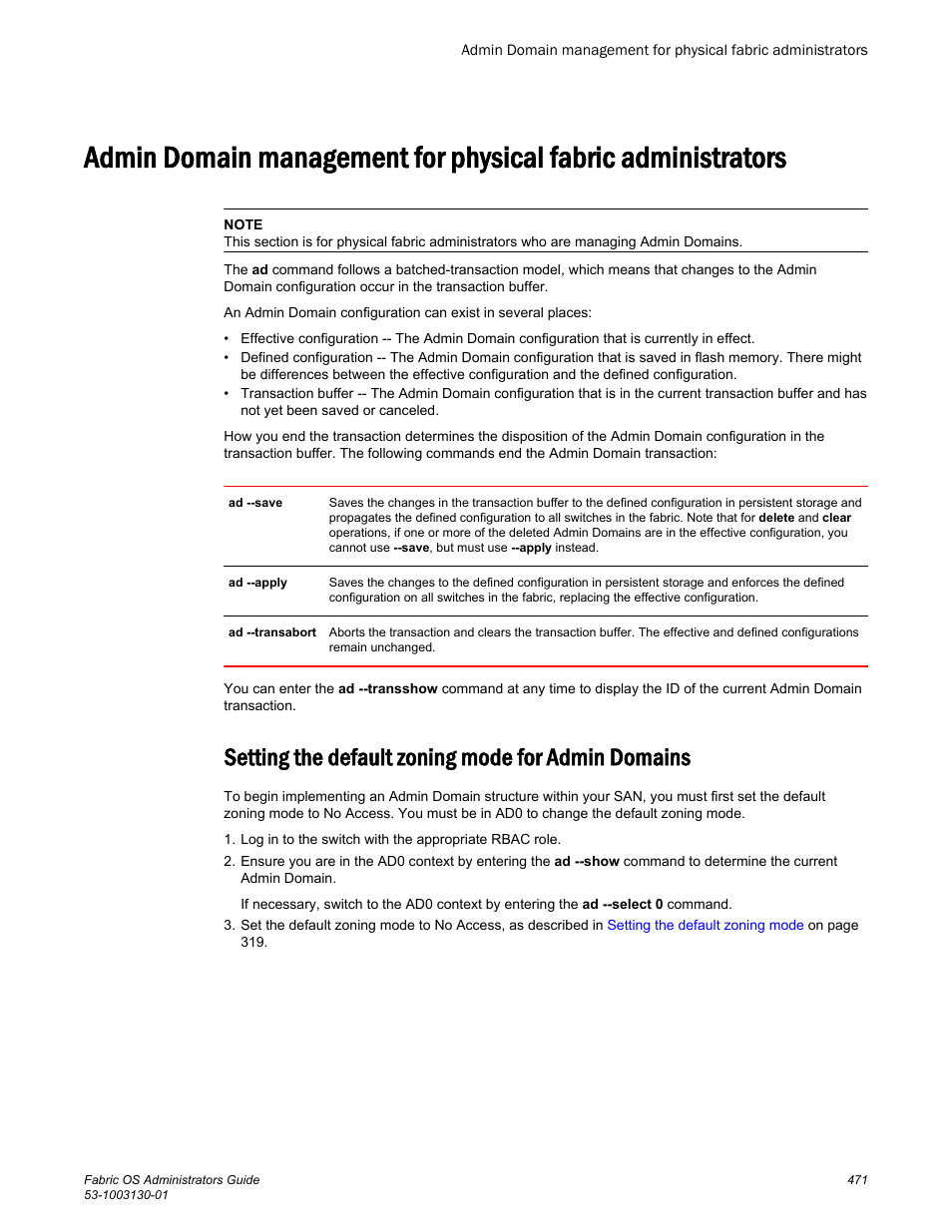 Setting the default zoning mode for admin domains, Admin domain management for physical fabric, Administrators | Brocade Fabric OS Administrators Guide (Supporting Fabric OS v7.3.0) User Manual | Page 471 / 622