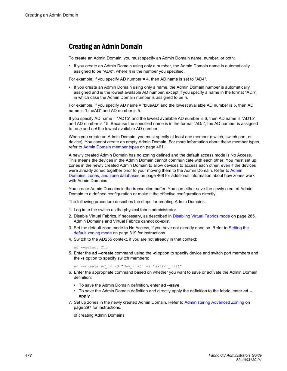 Creating an admin domain | Brocade Fabric OS Administrators Guide (Supporting Fabric OS v7.3.0) User Manual | Page 472 / 622