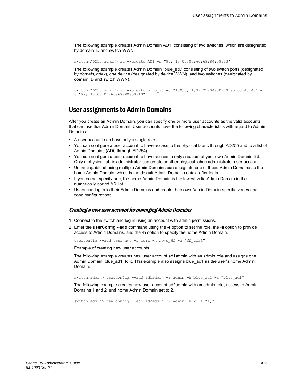 User assignments to admin domains | Brocade Fabric OS Administrators Guide (Supporting Fabric OS v7.3.0) User Manual | Page 473 / 622