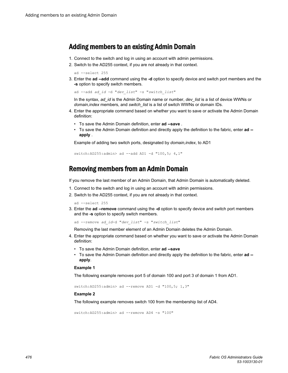 Adding members to an existing admin domain, Removing members from an admin domain | Brocade Fabric OS Administrators Guide (Supporting Fabric OS v7.3.0) User Manual | Page 476 / 622