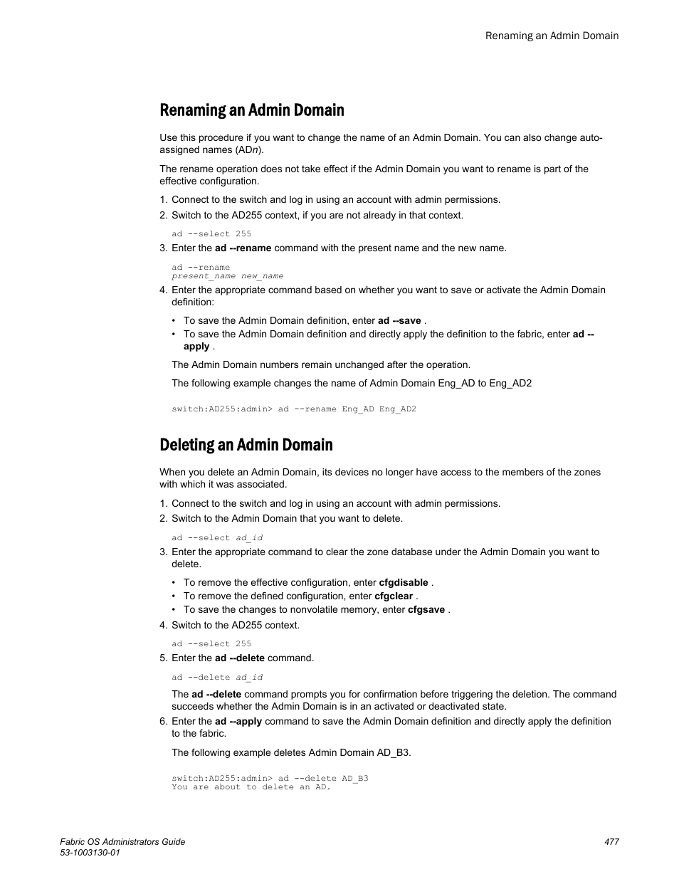 Renaming an admin domain, Deleting an admin domain, Renaming an admin domain deleting an admin domain | Brocade Fabric OS Administrators Guide (Supporting Fabric OS v7.3.0) User Manual | Page 477 / 622