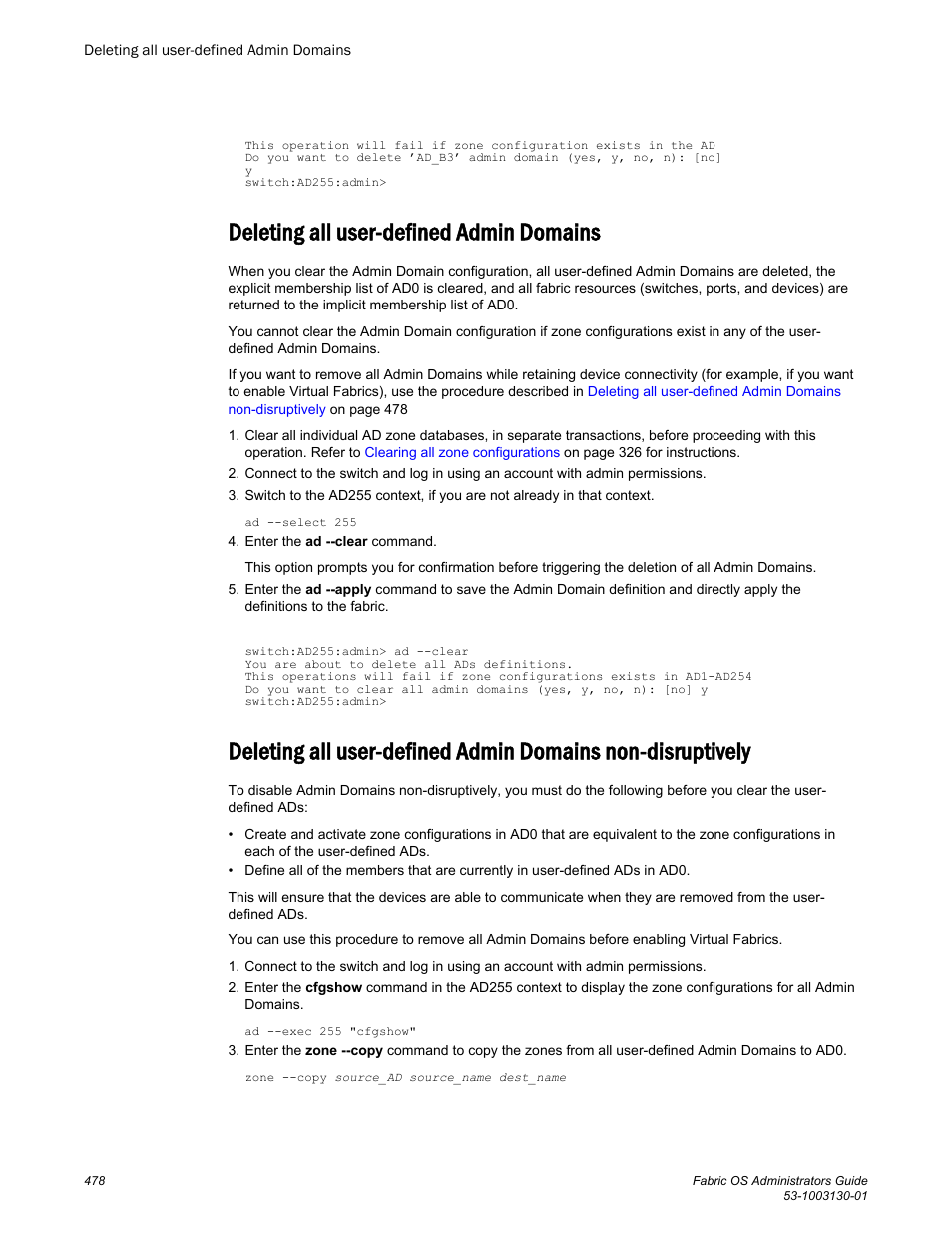 Deleting all user-defined admin domains | Brocade Fabric OS Administrators Guide (Supporting Fabric OS v7.3.0) User Manual | Page 478 / 622