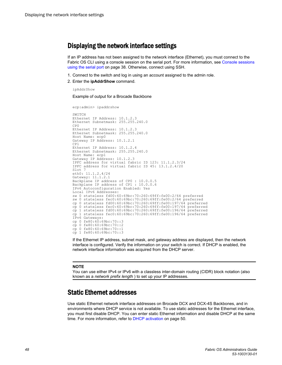 Displaying the network interface settings, Static ethernet addresses, Using static ethernet addresses (refer to | Brocade Fabric OS Administrators Guide (Supporting Fabric OS v7.3.0) User Manual | Page 48 / 622