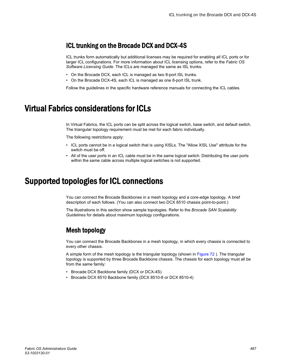 Icl trunking on the brocade dcx and dcx-4s, Virtual fabrics considerations for icls, Supported topologies for icl connections | Mesh topology | Brocade Fabric OS Administrators Guide (Supporting Fabric OS v7.3.0) User Manual | Page 487 / 622