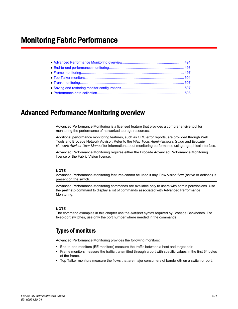 Monitoring fabric performance, Advanced performance monitoring overview, Types of monitors | Brocade Fabric OS Administrators Guide (Supporting Fabric OS v7.3.0) User Manual | Page 491 / 622