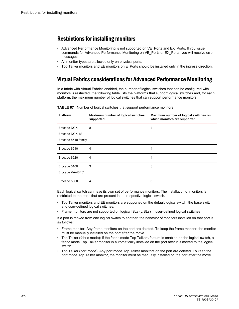 Restrictions for installing monitors, Monitoring | Brocade Fabric OS Administrators Guide (Supporting Fabric OS v7.3.0) User Manual | Page 492 / 622