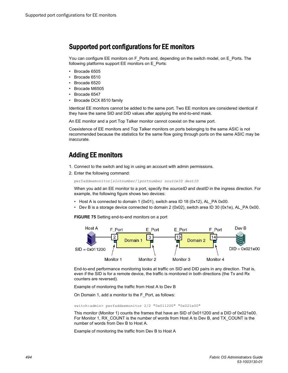 Supported port configurations for ee monitors, Adding ee monitors | Brocade Fabric OS Administrators Guide (Supporting Fabric OS v7.3.0) User Manual | Page 494 / 622