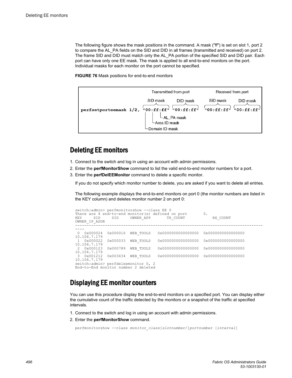 Deleting ee monitors, Displaying ee monitor counters | Brocade Fabric OS Administrators Guide (Supporting Fabric OS v7.3.0) User Manual | Page 496 / 622