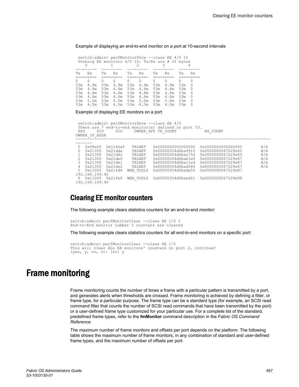 Clearing ee monitor counters, Frame monitoring | Brocade Fabric OS Administrators Guide (Supporting Fabric OS v7.3.0) User Manual | Page 497 / 622