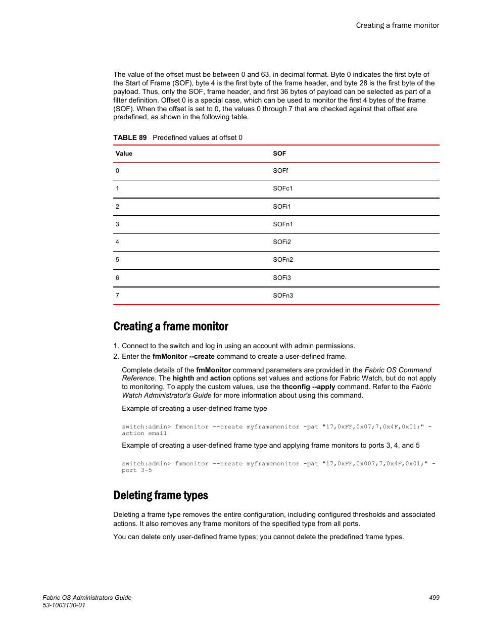 Creating a frame monitor, Deleting frame types, Creating a frame monitor deleting frame types | Brocade Fabric OS Administrators Guide (Supporting Fabric OS v7.3.0) User Manual | Page 499 / 622