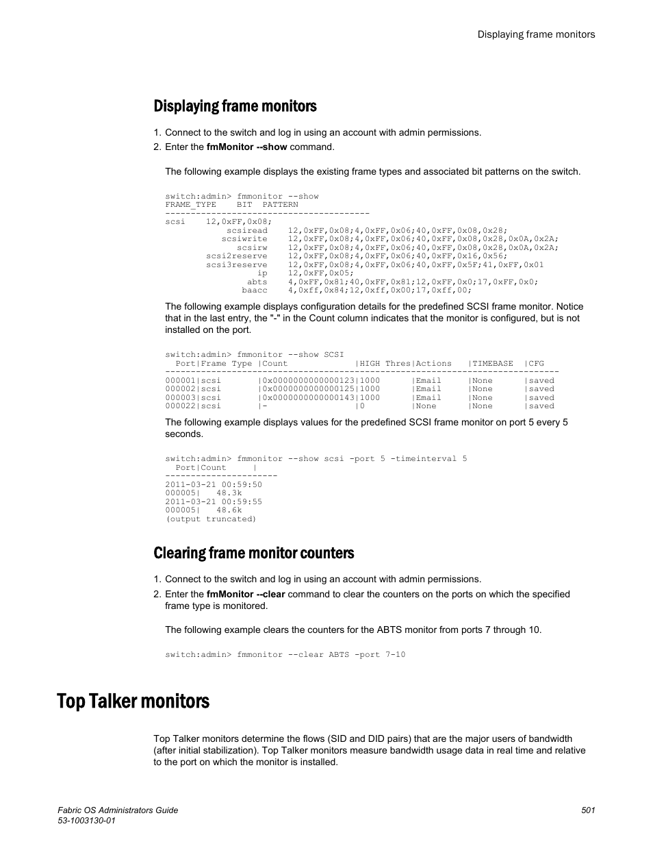 Displaying frame monitors, Clearing frame monitor counters, Top talker monitors | Brocade Fabric OS Administrators Guide (Supporting Fabric OS v7.3.0) User Manual | Page 501 / 622