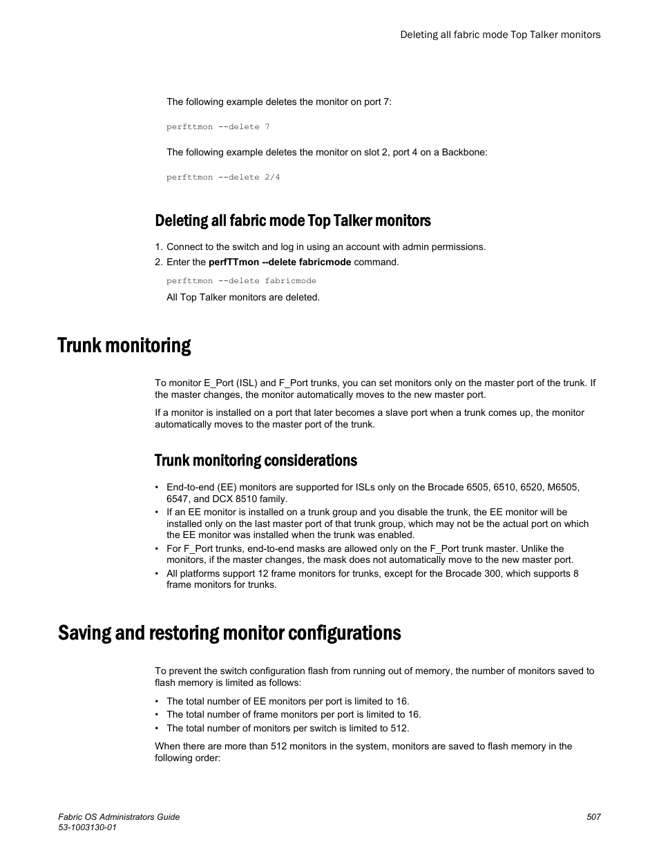 Deleting all fabric mode top talker monitors, Trunk monitoring, Trunk monitoring considerations | Saving and restoring monitor configurations | Brocade Fabric OS Administrators Guide (Supporting Fabric OS v7.3.0) User Manual | Page 507 / 622