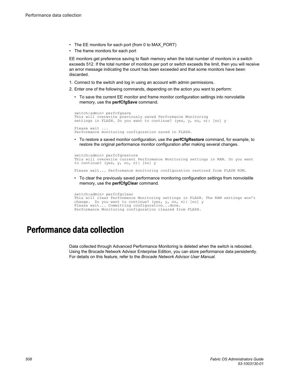 Performance data collection | Brocade Fabric OS Administrators Guide (Supporting Fabric OS v7.3.0) User Manual | Page 508 / 622