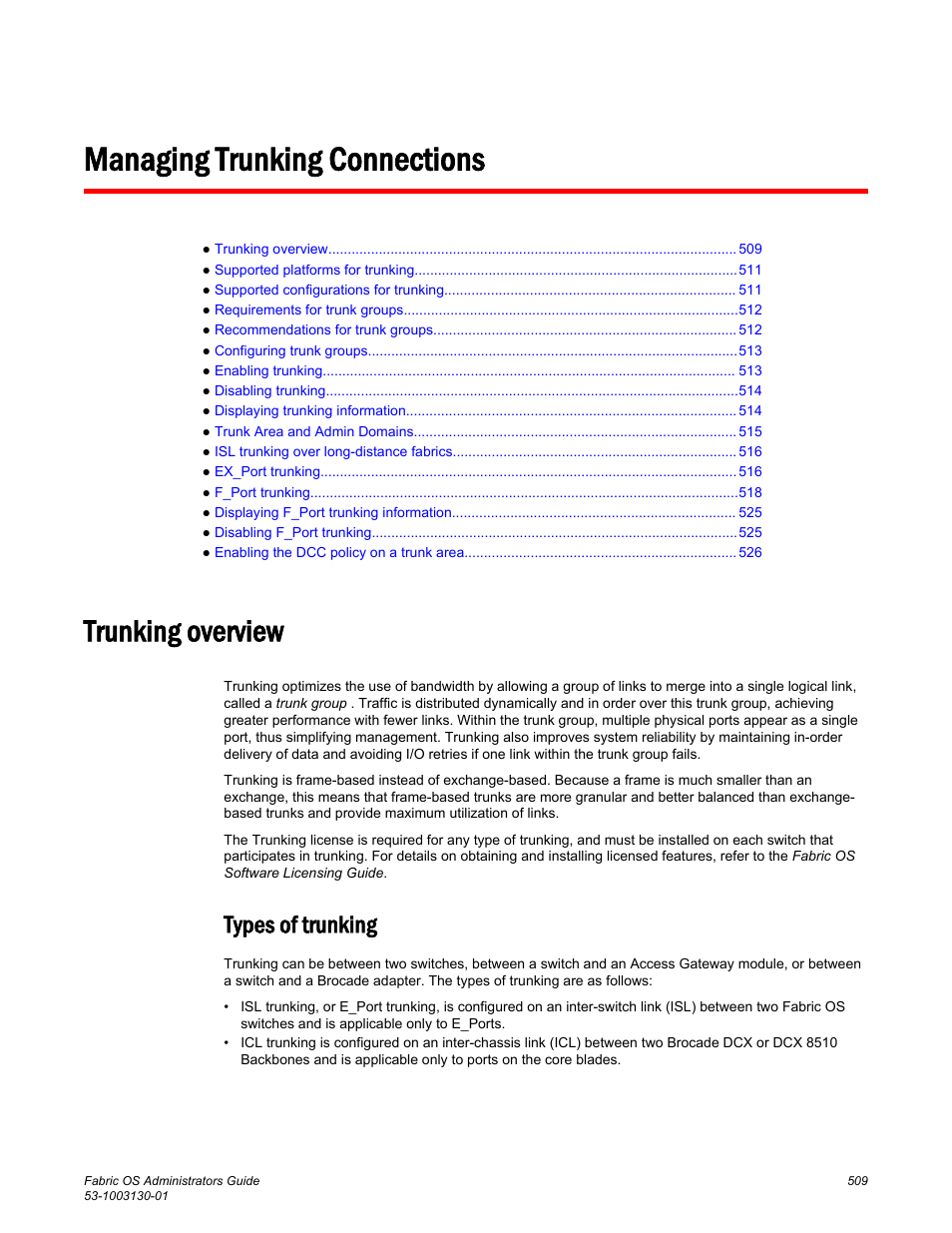 Managing trunking connections, Trunking overview, Types of trunking | Brocade Fabric OS Administrators Guide (Supporting Fabric OS v7.3.0) User Manual | Page 509 / 622