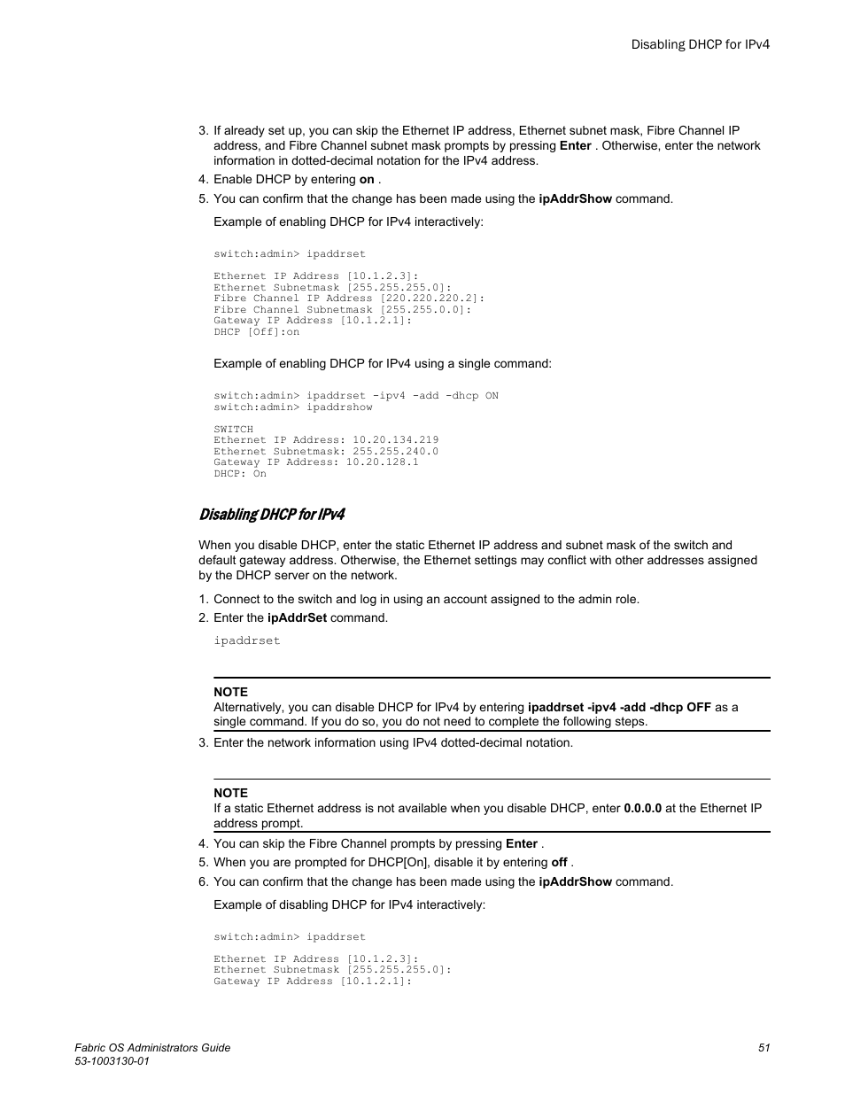 Disabling dhcp for ipv4 | Brocade Fabric OS Administrators Guide (Supporting Fabric OS v7.3.0) User Manual | Page 51 / 622