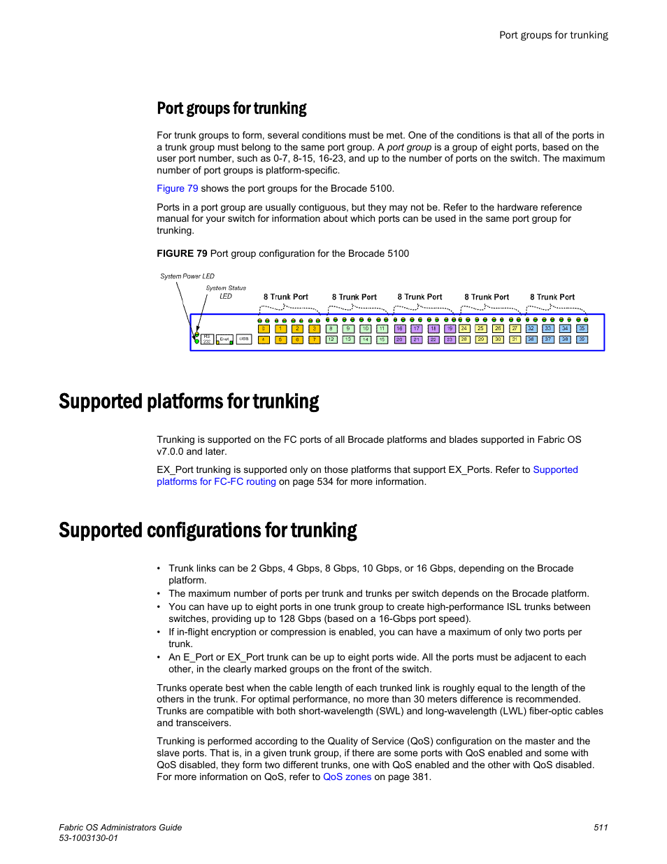 Port groups for trunking, Supported platforms for trunking, Supported configurations for trunking | Brocade Fabric OS Administrators Guide (Supporting Fabric OS v7.3.0) User Manual | Page 511 / 622
