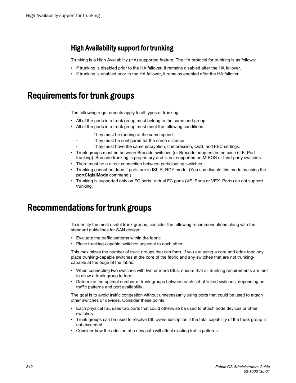 High availability support for trunking, Requirements for trunk groups, Recommendations for trunk groups | Brocade Fabric OS Administrators Guide (Supporting Fabric OS v7.3.0) User Manual | Page 512 / 622