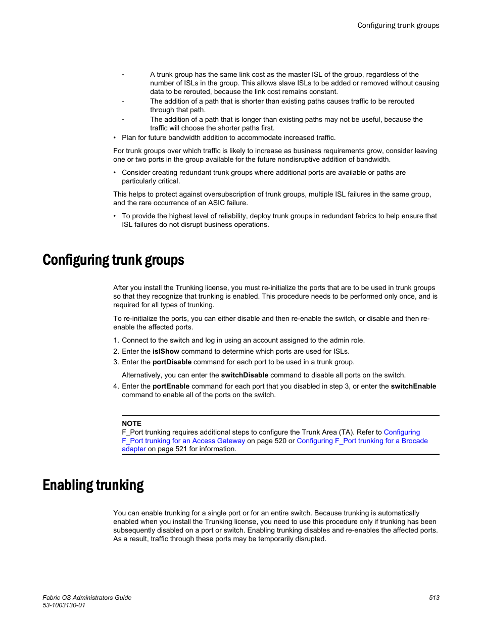 Configuring trunk groups, Enabling trunking, Configuring trunk groups enabling trunking | Brocade Fabric OS Administrators Guide (Supporting Fabric OS v7.3.0) User Manual | Page 513 / 622