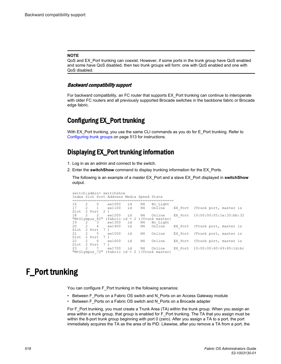 Backward compatibility support, Configuring ex_port trunking, Displaying ex_port trunking information | F_port trunking | Brocade Fabric OS Administrators Guide (Supporting Fabric OS v7.3.0) User Manual | Page 518 / 622