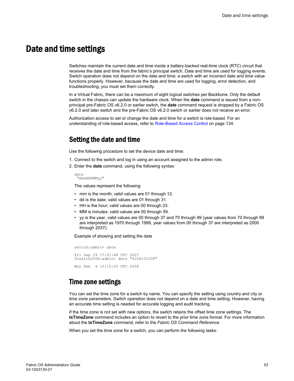 Date and time settings, Setting the date and time, Time zone settings | Setting the date and time time zone settings | Brocade Fabric OS Administrators Guide (Supporting Fabric OS v7.3.0) User Manual | Page 53 / 622