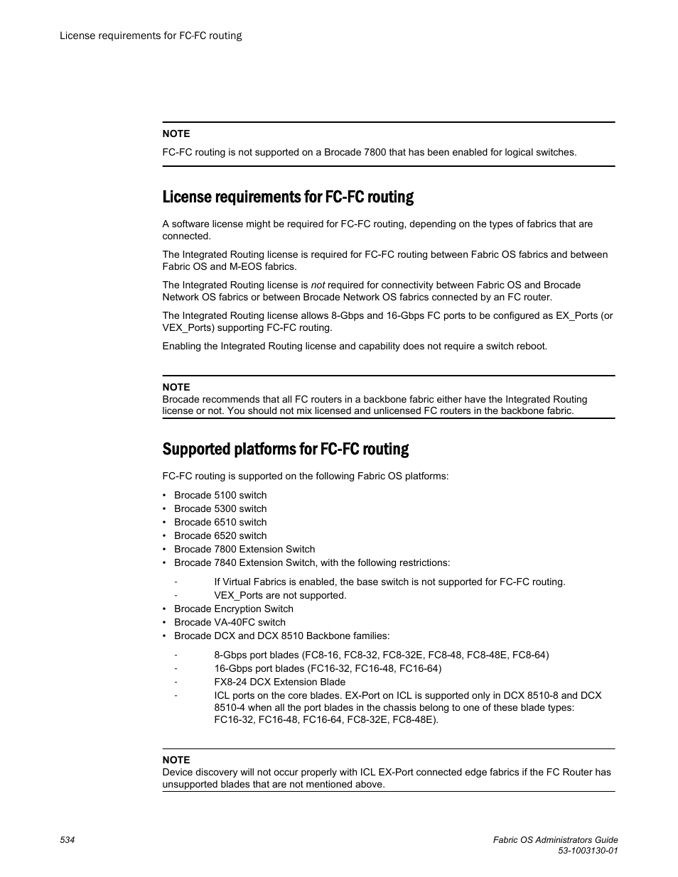 License requirements for fc-fc routing, Supported platforms for fc-fc routing, Supported | Platforms for fc-fc routing | Brocade Fabric OS Administrators Guide (Supporting Fabric OS v7.3.0) User Manual | Page 534 / 622