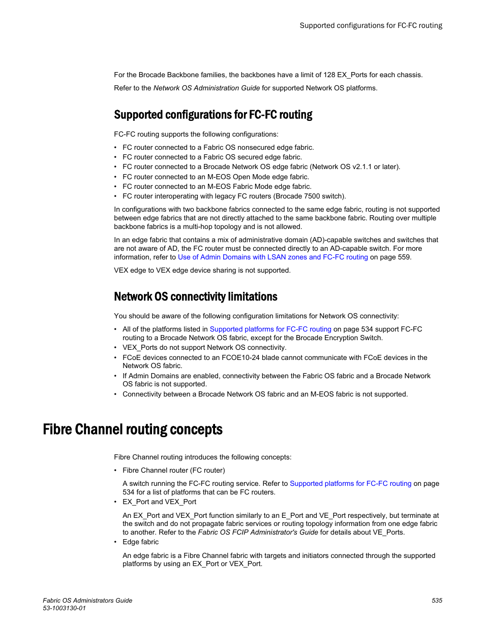Supported configurations for fc-fc routing, Network os connectivity limitations, Fibre channel routing concepts | Brocade Fabric OS Administrators Guide (Supporting Fabric OS v7.3.0) User Manual | Page 535 / 622