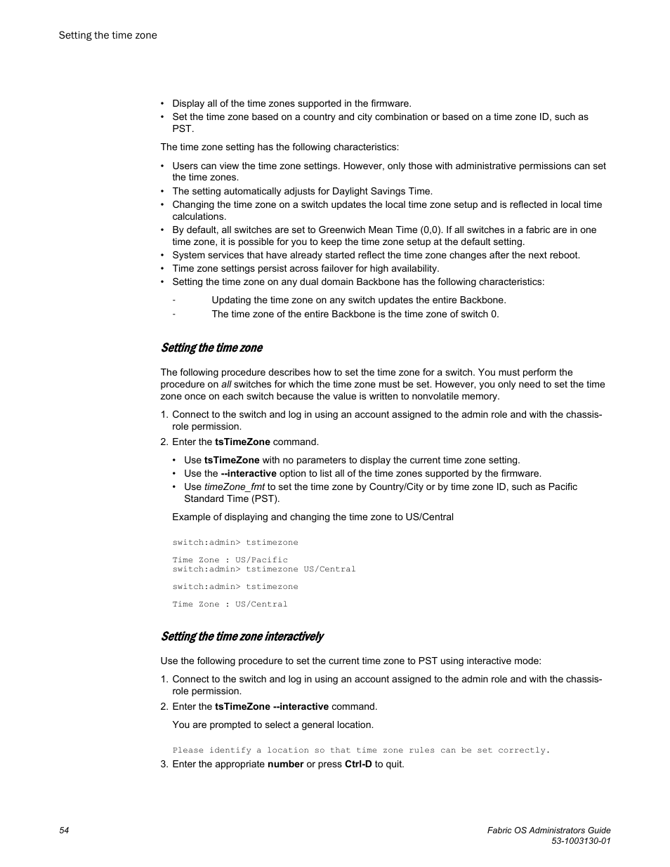 Setting the time zone, Setting the time zone interactively | Brocade Fabric OS Administrators Guide (Supporting Fabric OS v7.3.0) User Manual | Page 54 / 622