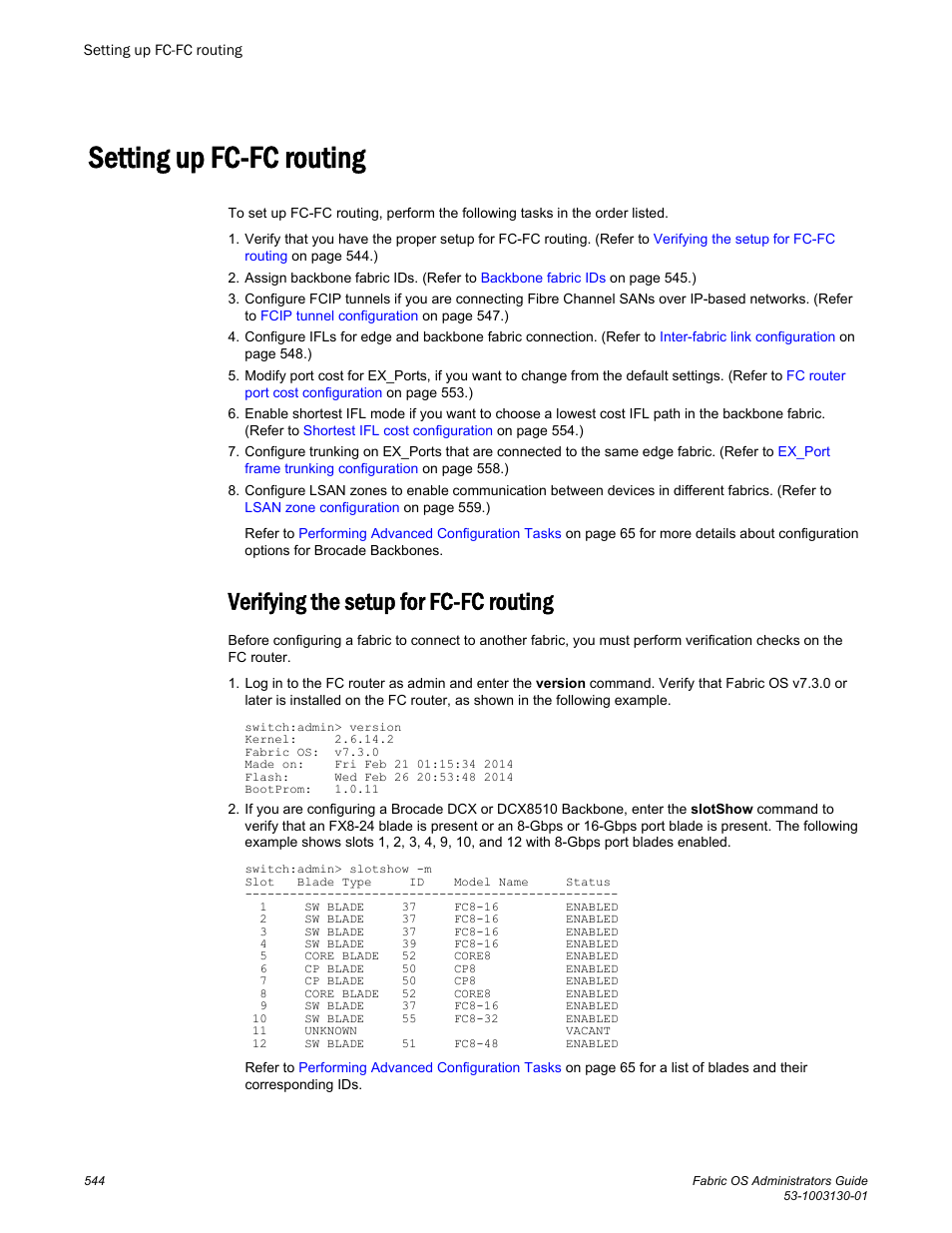 Setting up fc-fc routing, Verifying the setup for fc-fc routing | Brocade Fabric OS Administrators Guide (Supporting Fabric OS v7.3.0) User Manual | Page 544 / 622