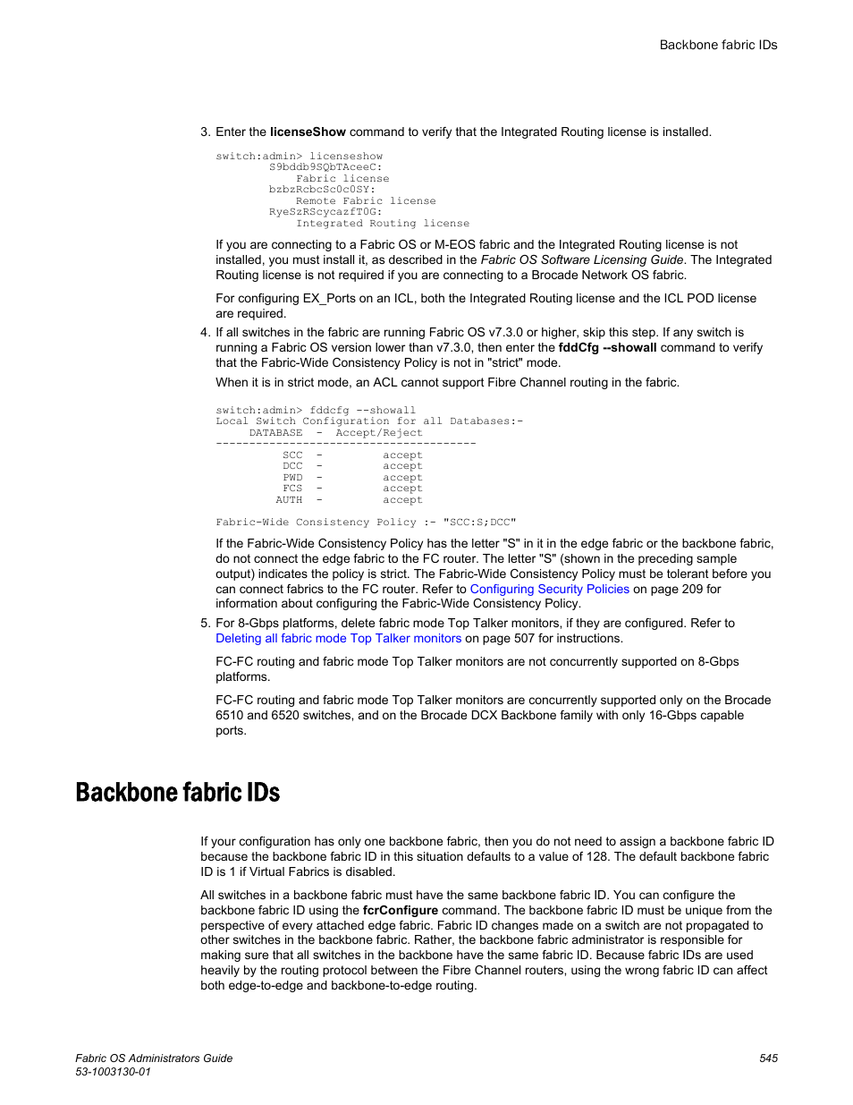 Backbone fabric ids | Brocade Fabric OS Administrators Guide (Supporting Fabric OS v7.3.0) User Manual | Page 545 / 622