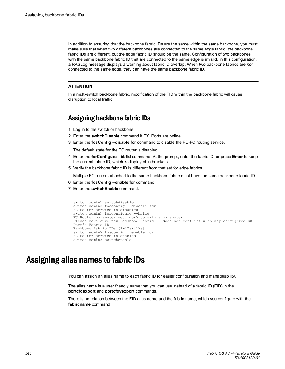 Assigning backbone fabric ids, Assigning alias names to fabric ids | Brocade Fabric OS Administrators Guide (Supporting Fabric OS v7.3.0) User Manual | Page 546 / 622