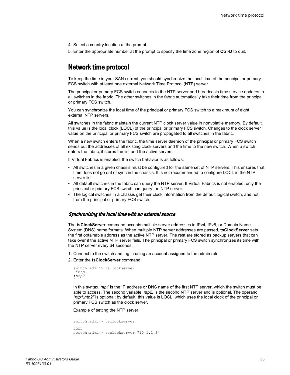 Network time protocol | Brocade Fabric OS Administrators Guide (Supporting Fabric OS v7.3.0) User Manual | Page 55 / 622