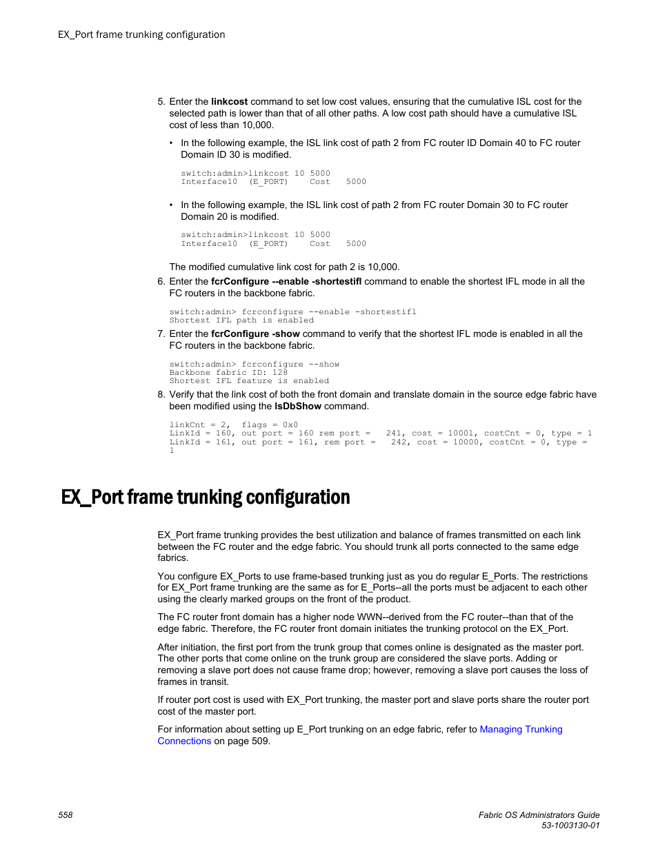 Ex_port frame trunking configuration, Ex_port, Frame trunking configuration | Brocade Fabric OS Administrators Guide (Supporting Fabric OS v7.3.0) User Manual | Page 558 / 622