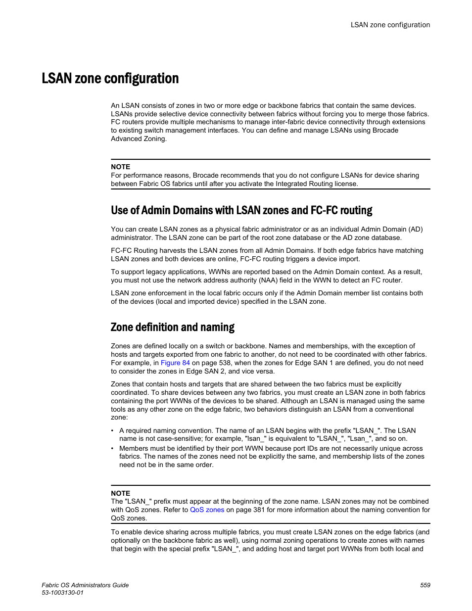 Lsan zone configuration, Zone definition and naming, Lsan zone | Configuration, Information, refer to | Brocade Fabric OS Administrators Guide (Supporting Fabric OS v7.3.0) User Manual | Page 559 / 622