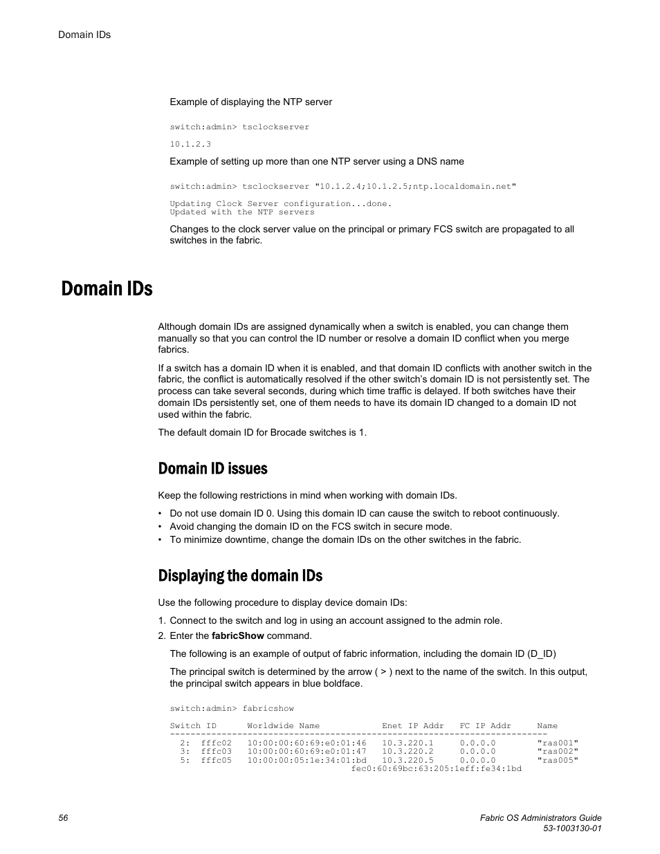 Domain ids, Domain id issues, Displaying the domain ids | Domain id issues displaying the domain ids | Brocade Fabric OS Administrators Guide (Supporting Fabric OS v7.3.0) User Manual | Page 56 / 622