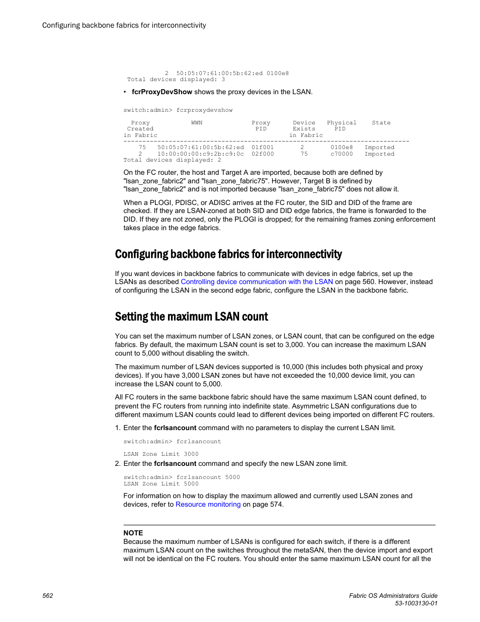 Configuring backbone fabrics for interconnectivity, Setting the maximum lsan count | Brocade Fabric OS Administrators Guide (Supporting Fabric OS v7.3.0) User Manual | Page 562 / 622